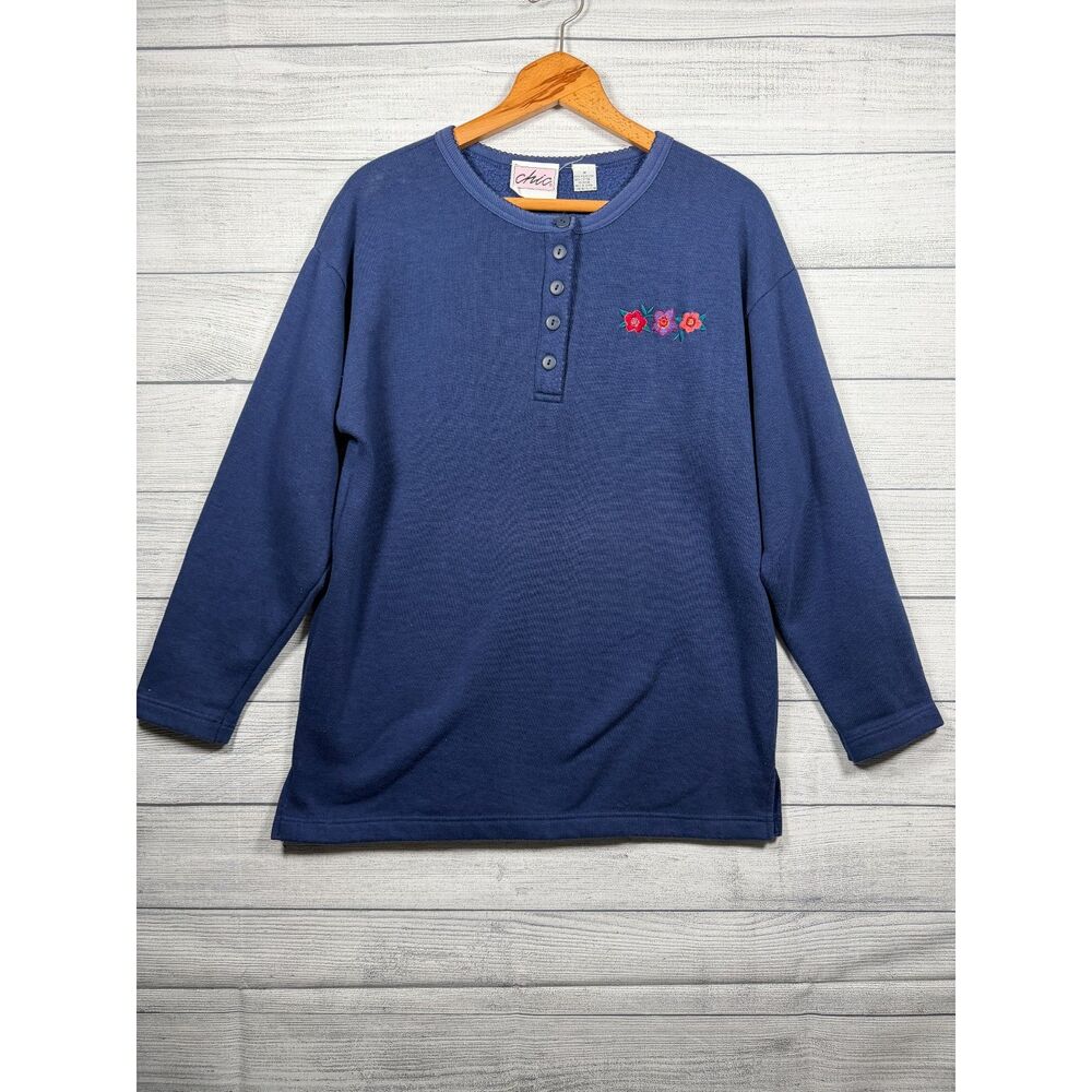 Vintage Chic Women's M Navy Floral Embroidered Henley Sweatshirt 4359